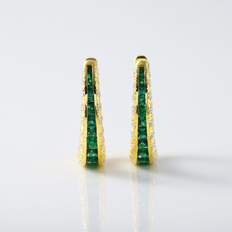 Round&Emerald Cut Emerald Sapphire Hoop Earrings