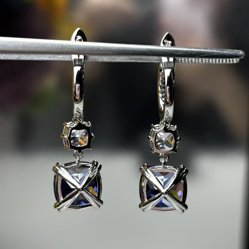 Cushion Cut Blue Sapphire Huggie Drop Earrings