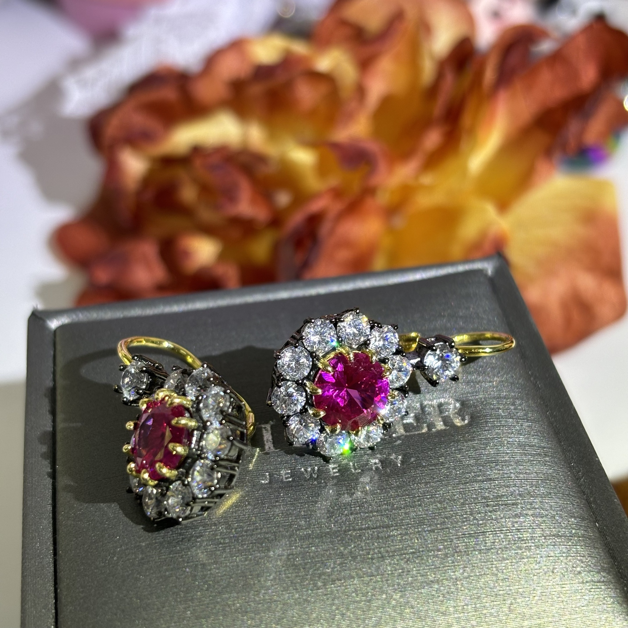 Round Cut Ruby Sapphire Cluster Earrings