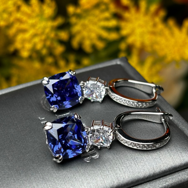 Cushion Cut Blue Sapphire Huggie Drop Earrings