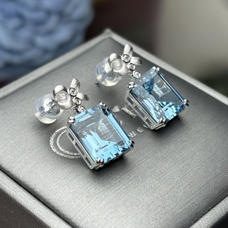 Original Design - Emerald Cut Aquamarine Sapphire Dangle Earrings