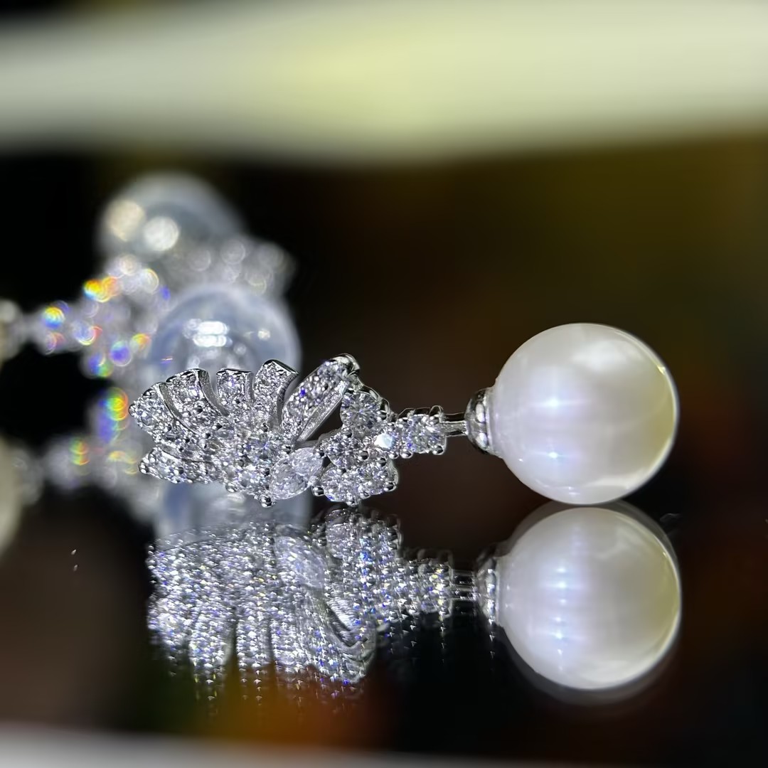 Original Design - Fresh Water Pearl & White Moissanite Dangle Earrings