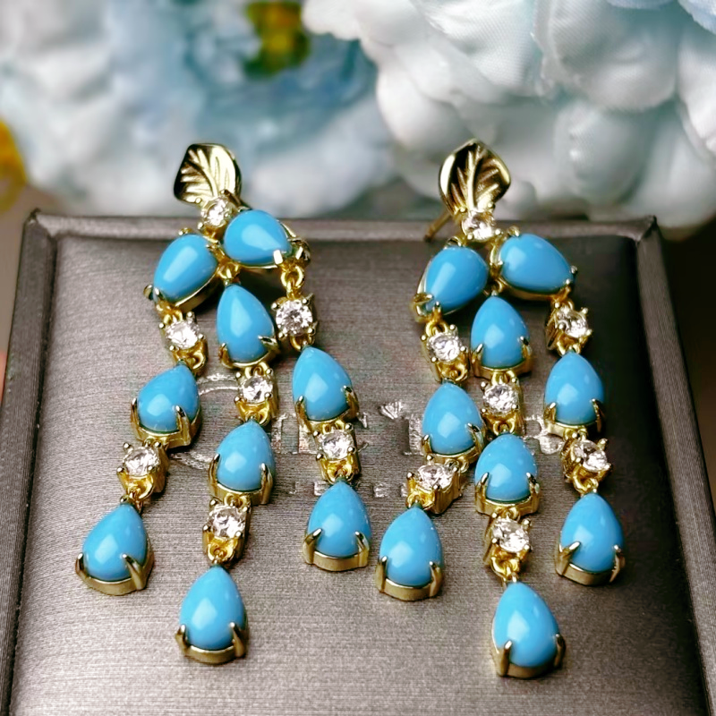 Original Design - Pear Cut Turquoise & White Sapphire Dangle Earrings