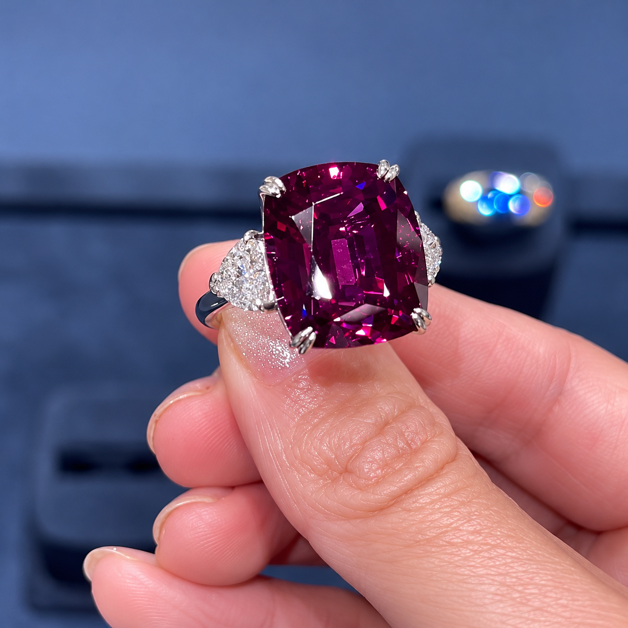4ct Cushion Cut Ruby Sapphire Three Stone Ring
