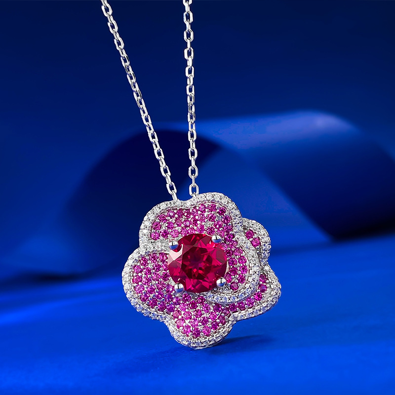 Fashion Rose Design Round Cut Garnet Sapphire Necklace