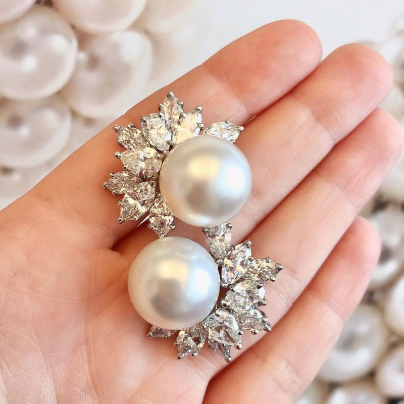 Marquise Cut White Sapphire Pearl Earrings
