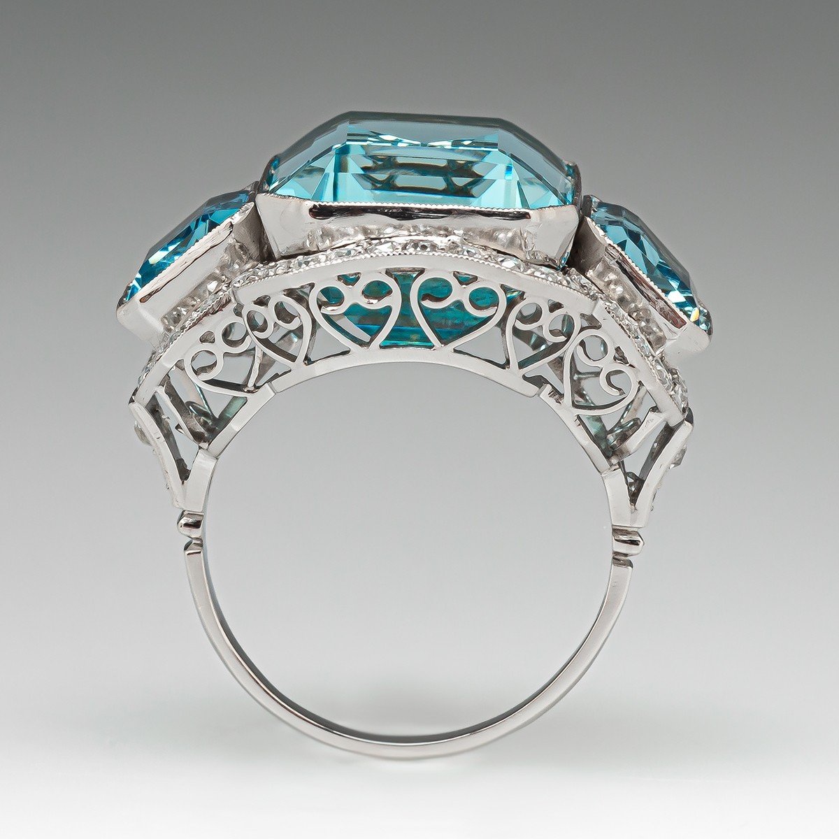 7ct Three-Stone Emerald Cut Aquamarine Cocktail Ring