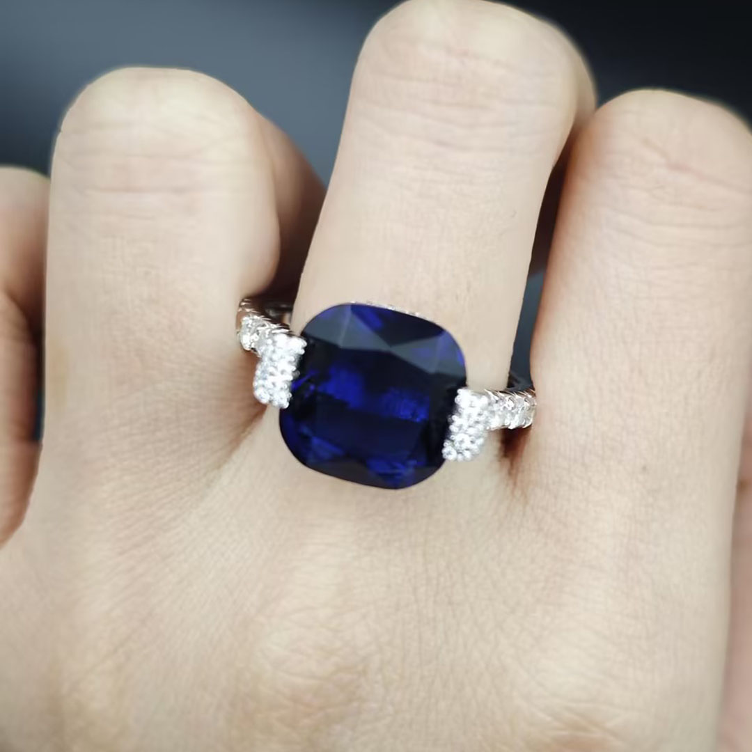 4ct Cushion Cut Blue Sapphire Engagement Ring