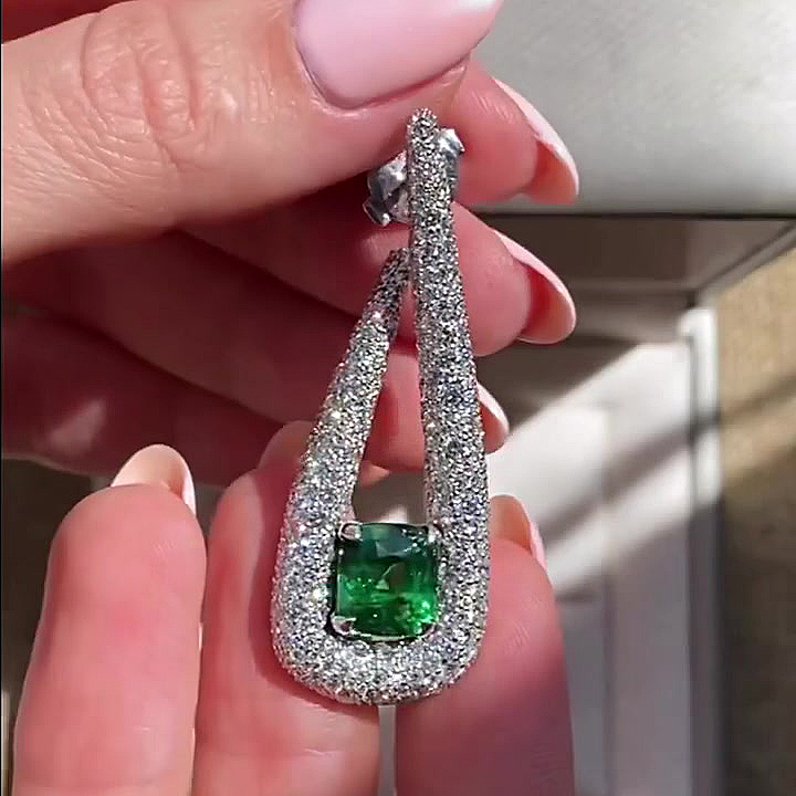 Cushion Cut Emerald Sapphire Drop Earrings