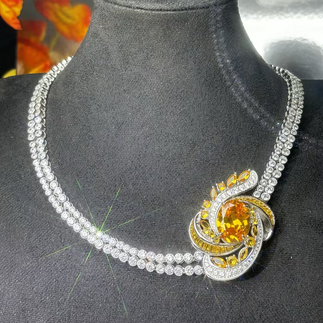 Original Design -  Oval Cut Yellow Sapphire & Round Cut White Moissanite Necklace