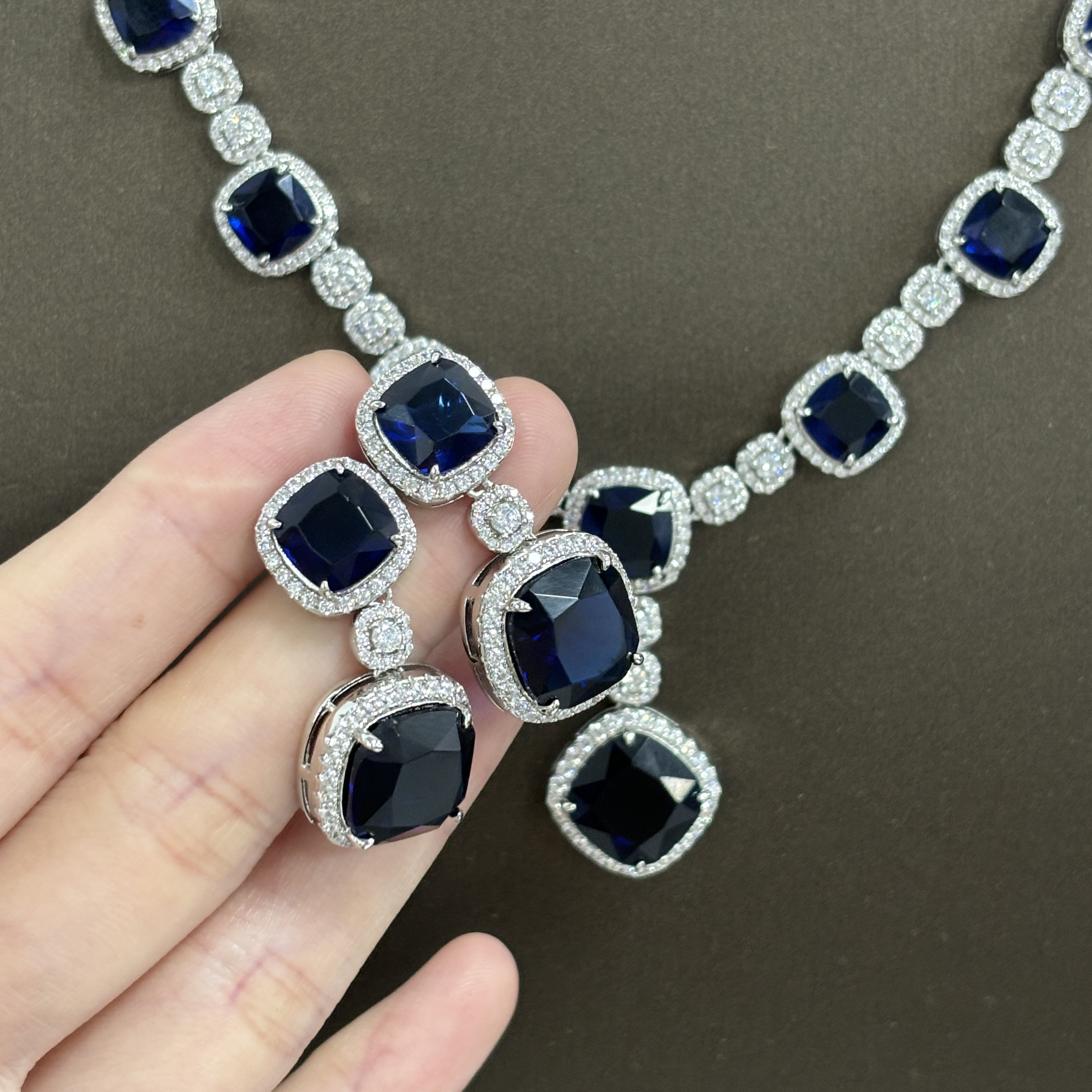 Cushion Cut Blue Sapphire Necklace&Earrings Set/2pcs
