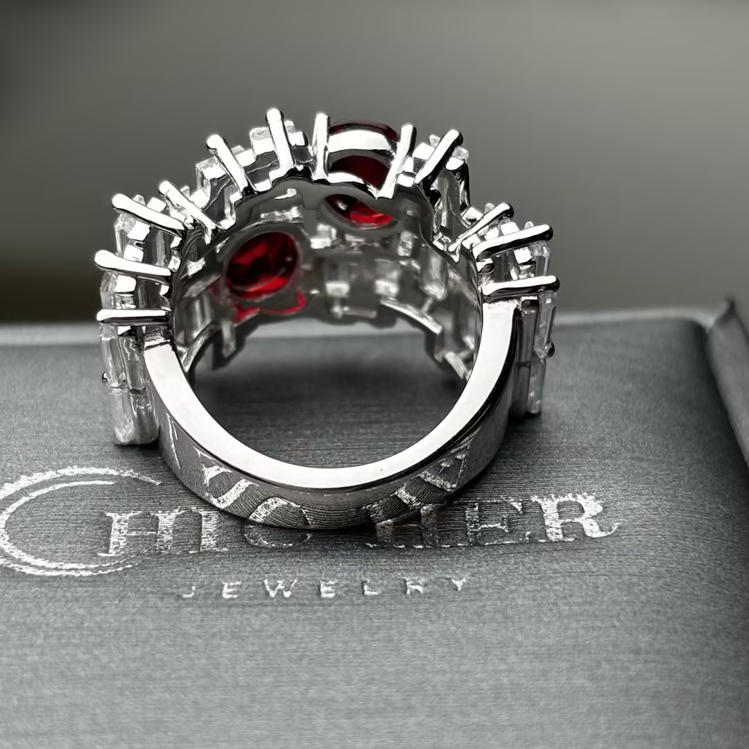 Oval Cut Ruby Sapphire & Baguette Cut White Sapphire Two-Stone Band