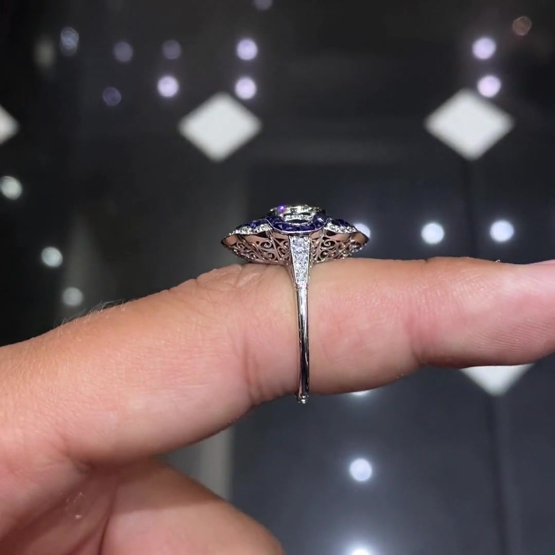 Art Deco Style Blue Sapphire Engagement Ring