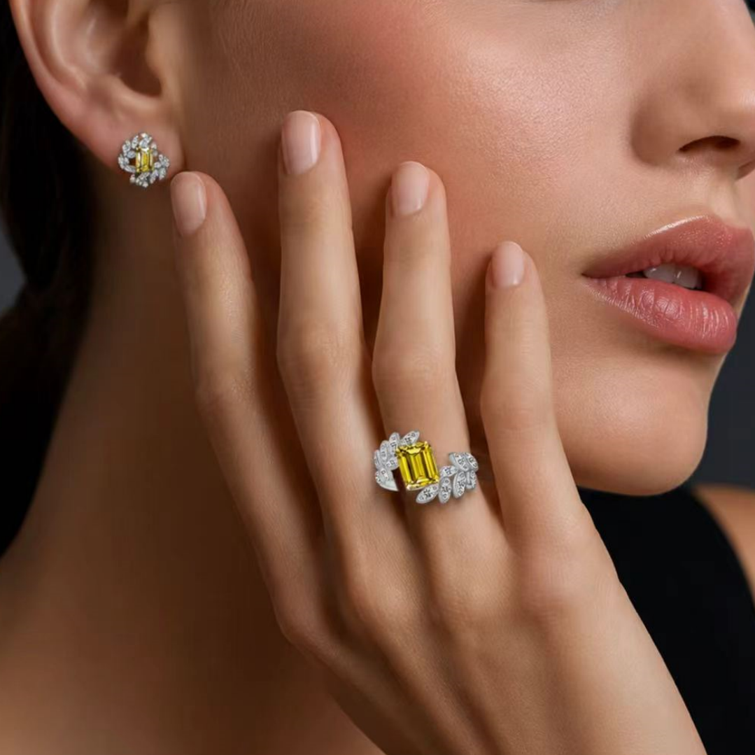 Original Design - Emerald Cut Aquamarine / Yellow Sapphire Engagement Ring (2 Colors Options)