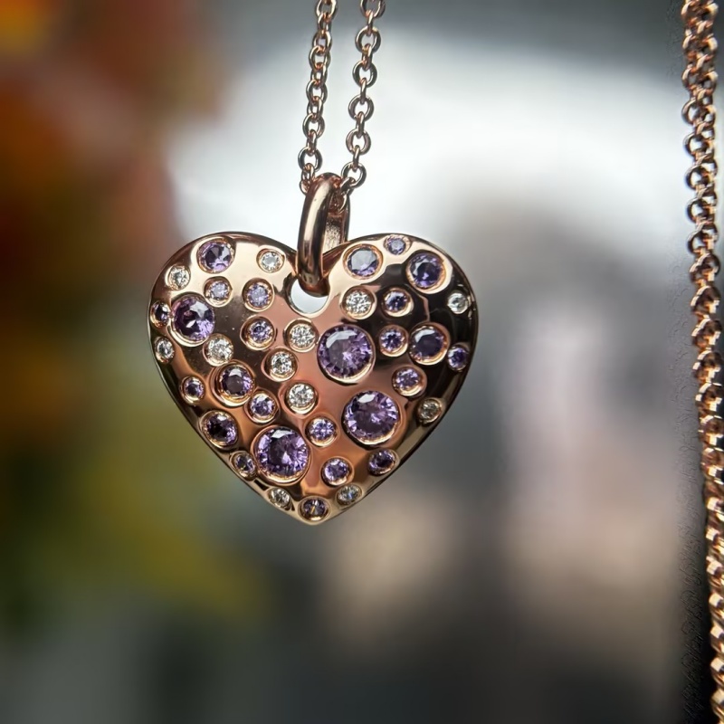 Pink&Amethyst&Diamond Heart Pendant Necklace