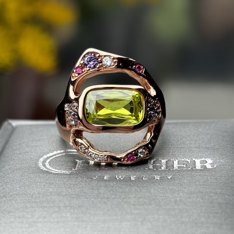 3.25ct Emerald Cut Apple Green Sapphire Multicolor Setting Cocktail Ring