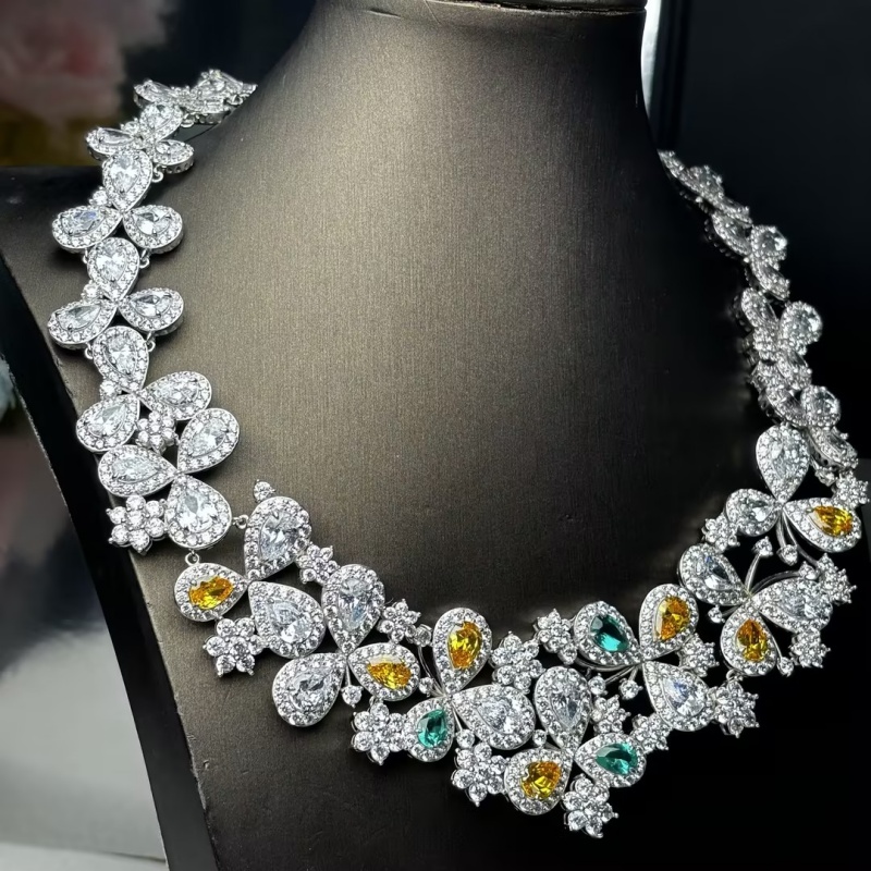 Floral Cluster White Sapphire & Multi-Color Sapphire Pear Cut Statement Choker