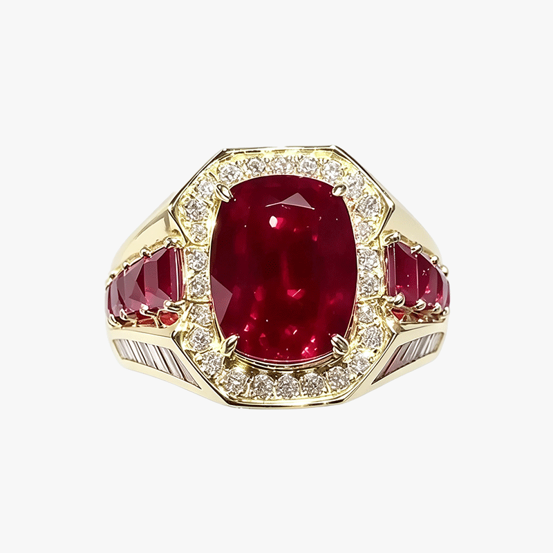 Cushion Cut Ruby & Multi-Cut White Sapphire Men's Ring