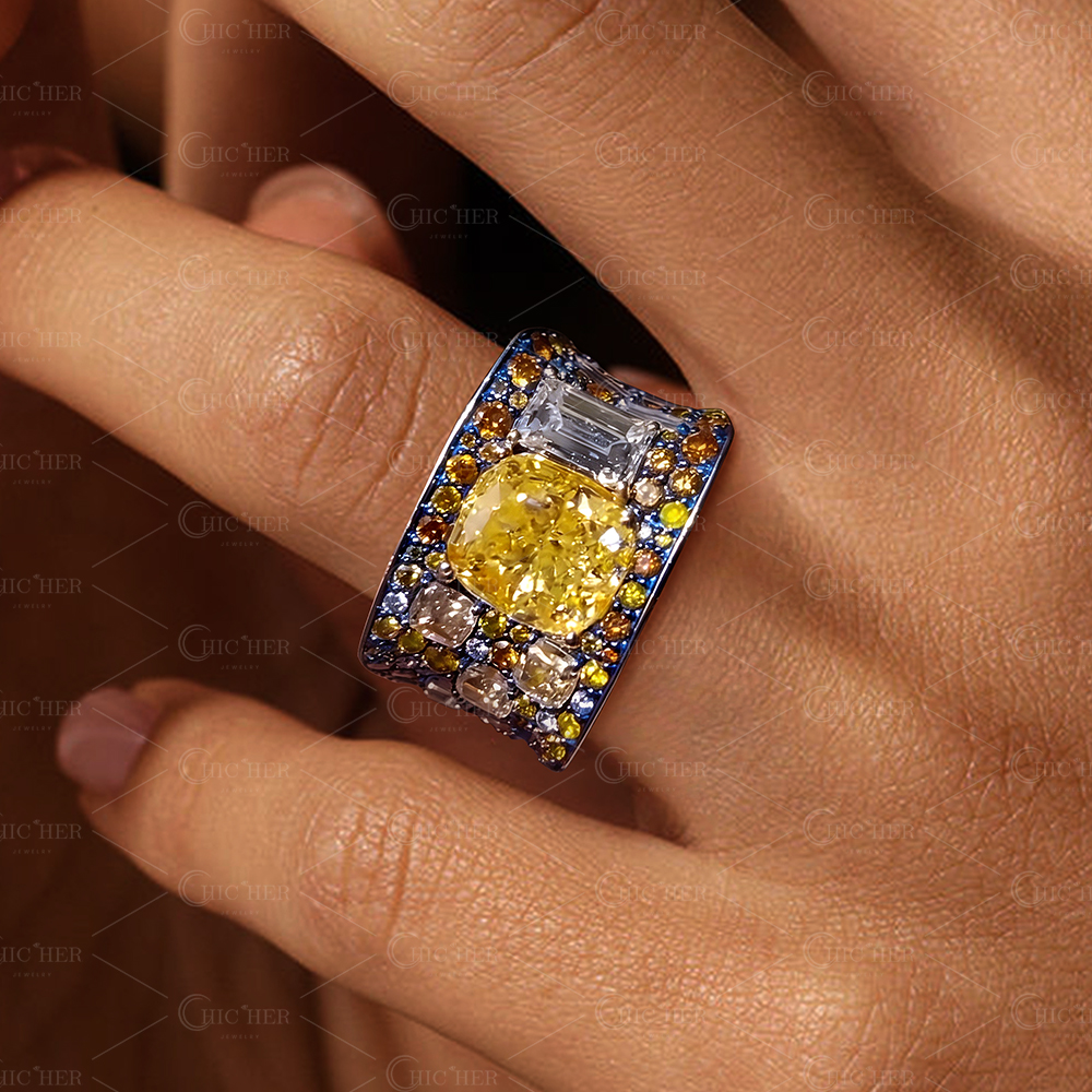 Cushion Cut Fancy Yellow Diamond & Multi-Gem Statement Ring
