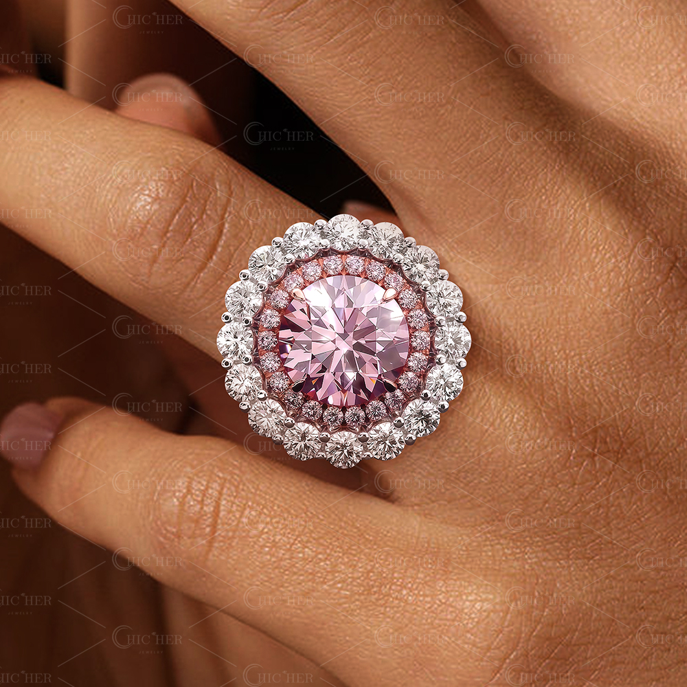 Round Brilliant Cut Pink Sapphire & Double Halo Engagement Ring