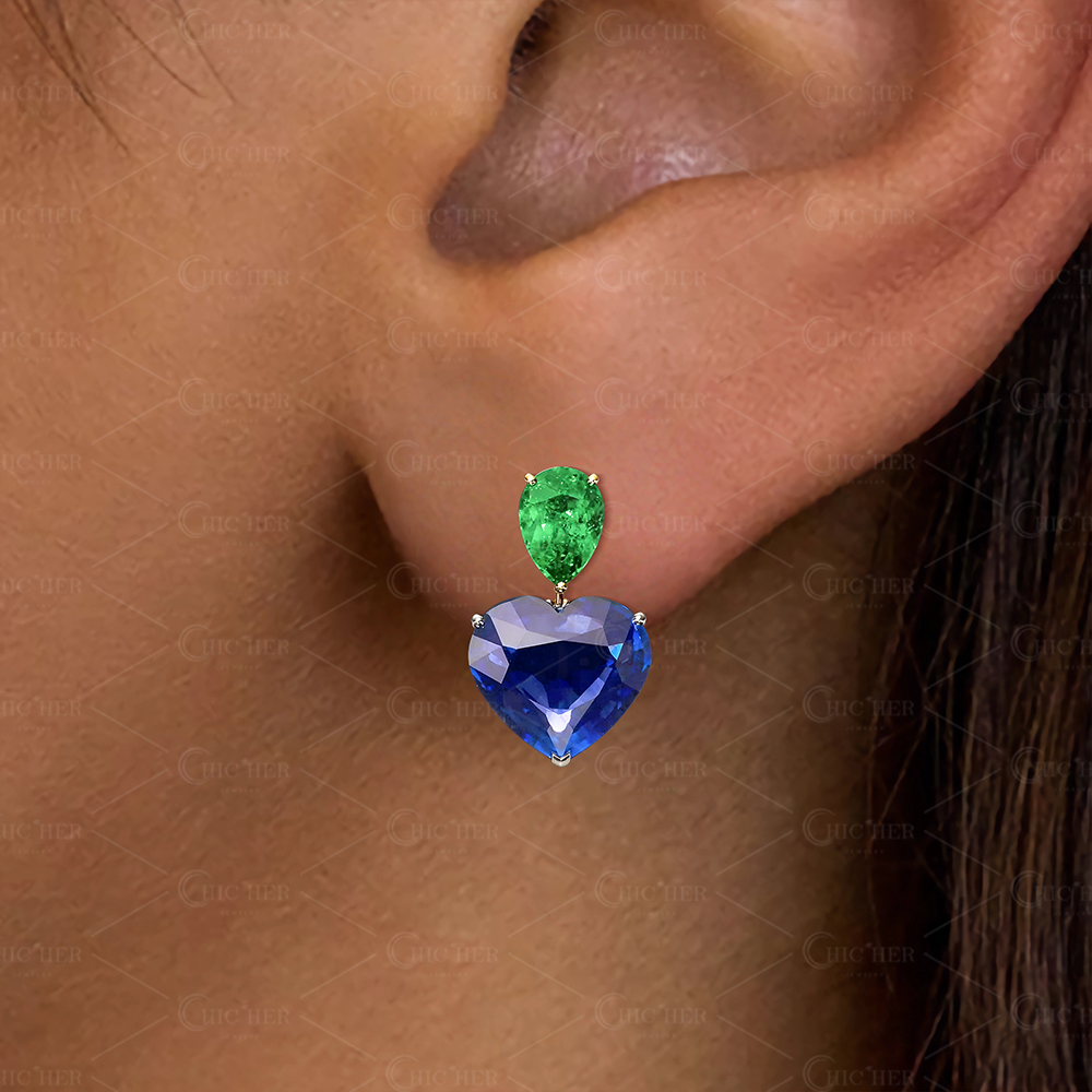 Heart Cut Blue Sapphire & Pear Cut Emerald Drop Earrings
