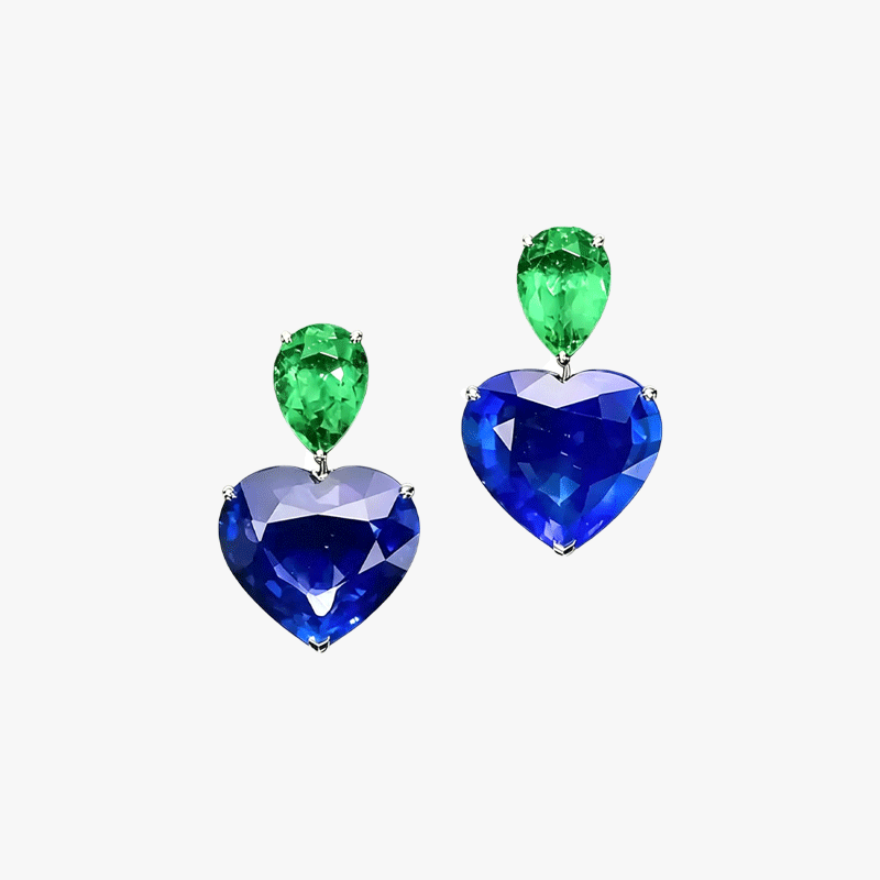 Heart Cut Blue Sapphire & Pear Cut Emerald Drop Earrings