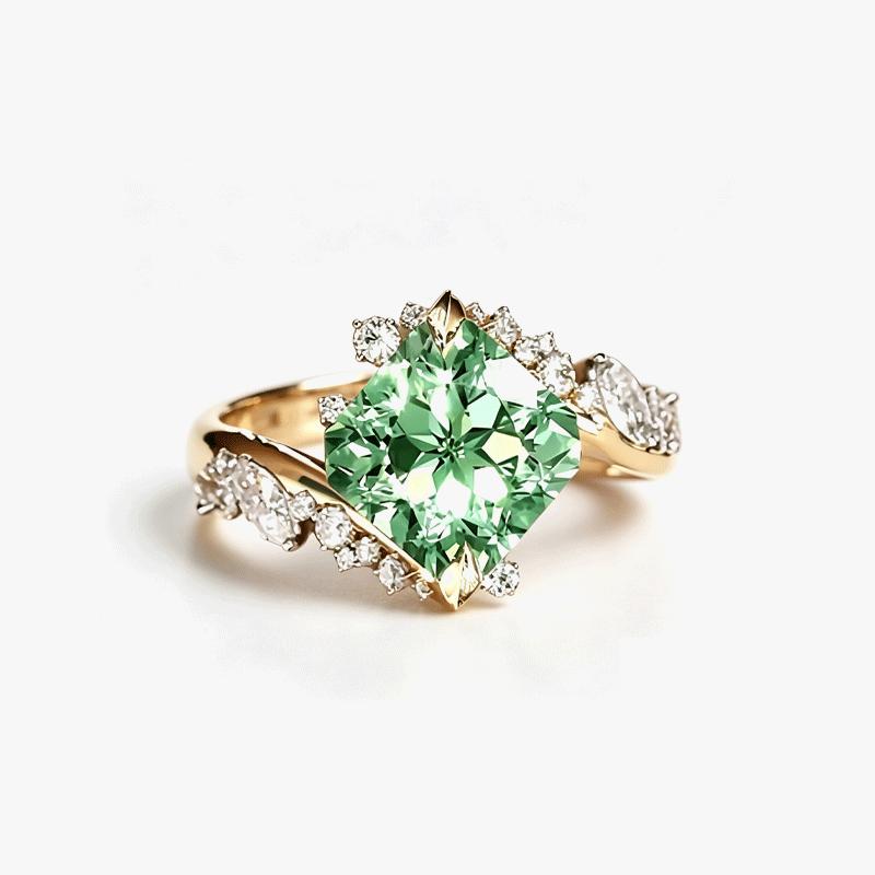 3ct Cushion Cut Mint Green Sapphire & White Sapphire Asymmetrical Cluster Ring