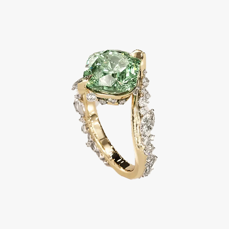 3ct Cushion Cut Mint Green Sapphire & White Sapphire Asymmetrical Cluster Ring