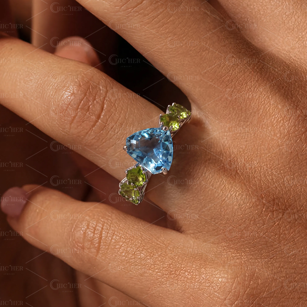 5ct Trillion Cut Aquamarine & Peridot Two-tone Ring