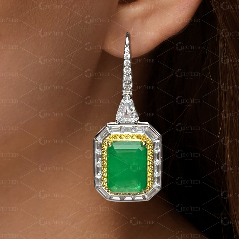 Emerald Cut Halo Peridot Drop Earrings