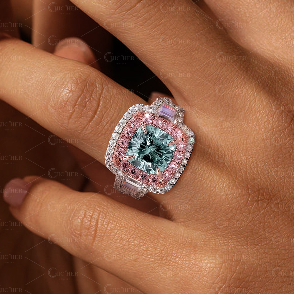 2.5ct Cushion Cut Aquamarine Sapphire Double Halo Engagement Ring