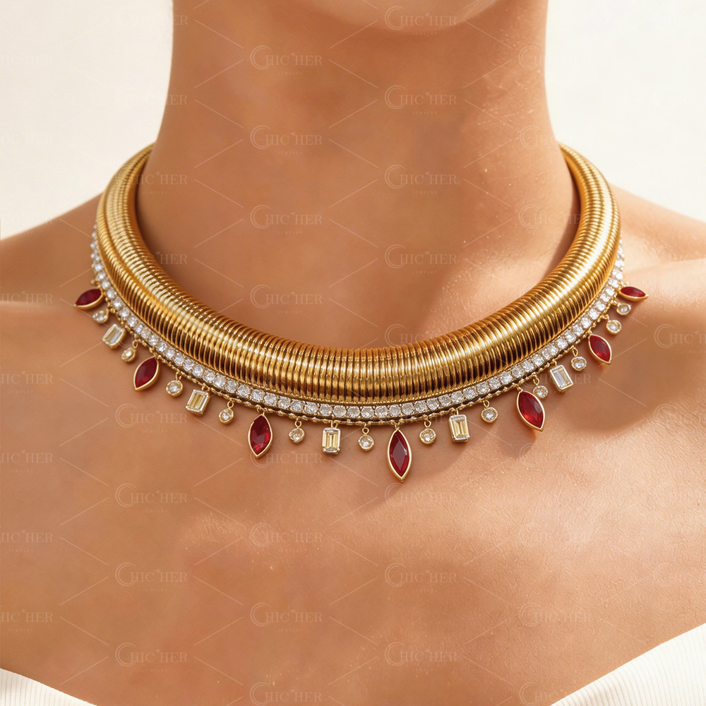 Tubogas Red & White Sapphire Fringe Choker Necklace