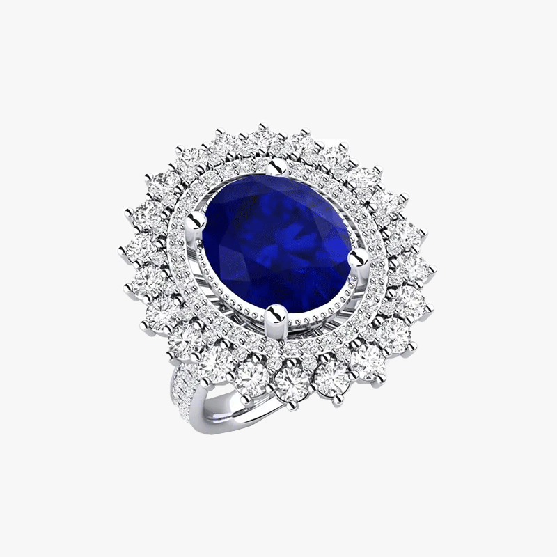 6 Color Options Oval Cut Blue Sapphire Double Halo Ring