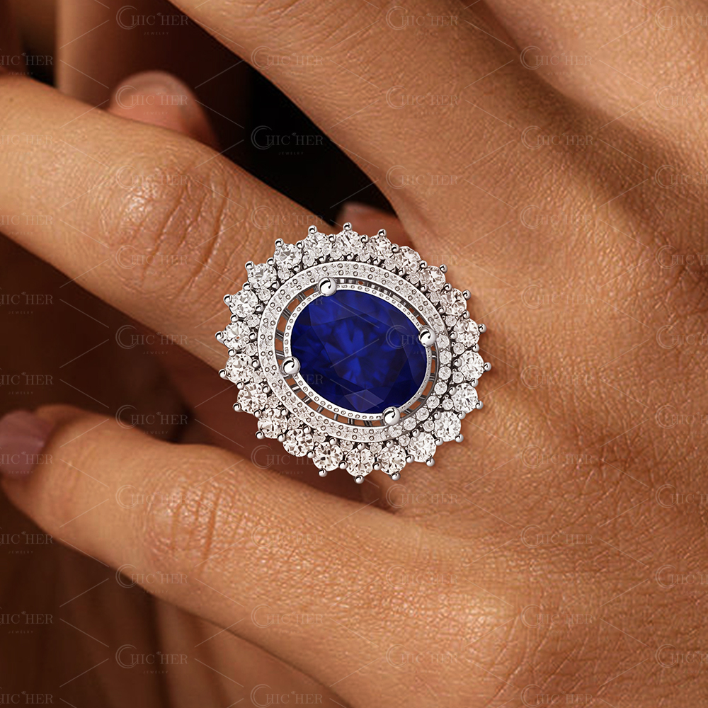 6 Color Options Oval Cut Blue Sapphire Double Halo Ring