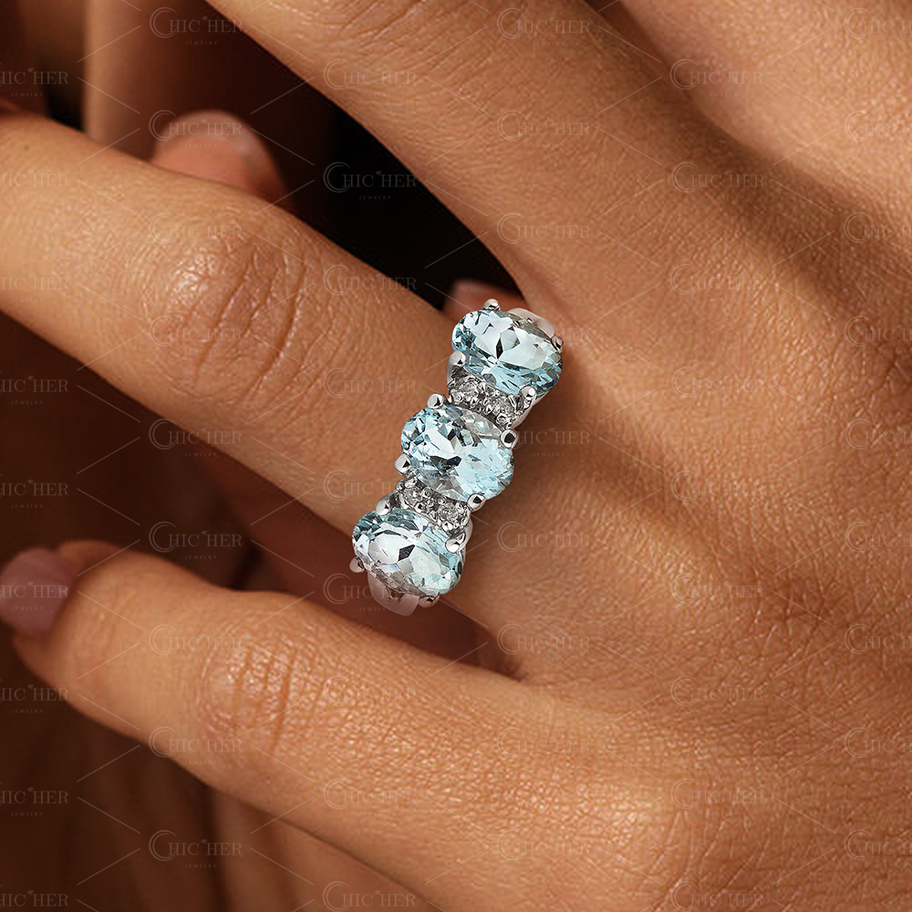 Oval Cut Aquamarine & White Sapphire  Three-Stone Ring