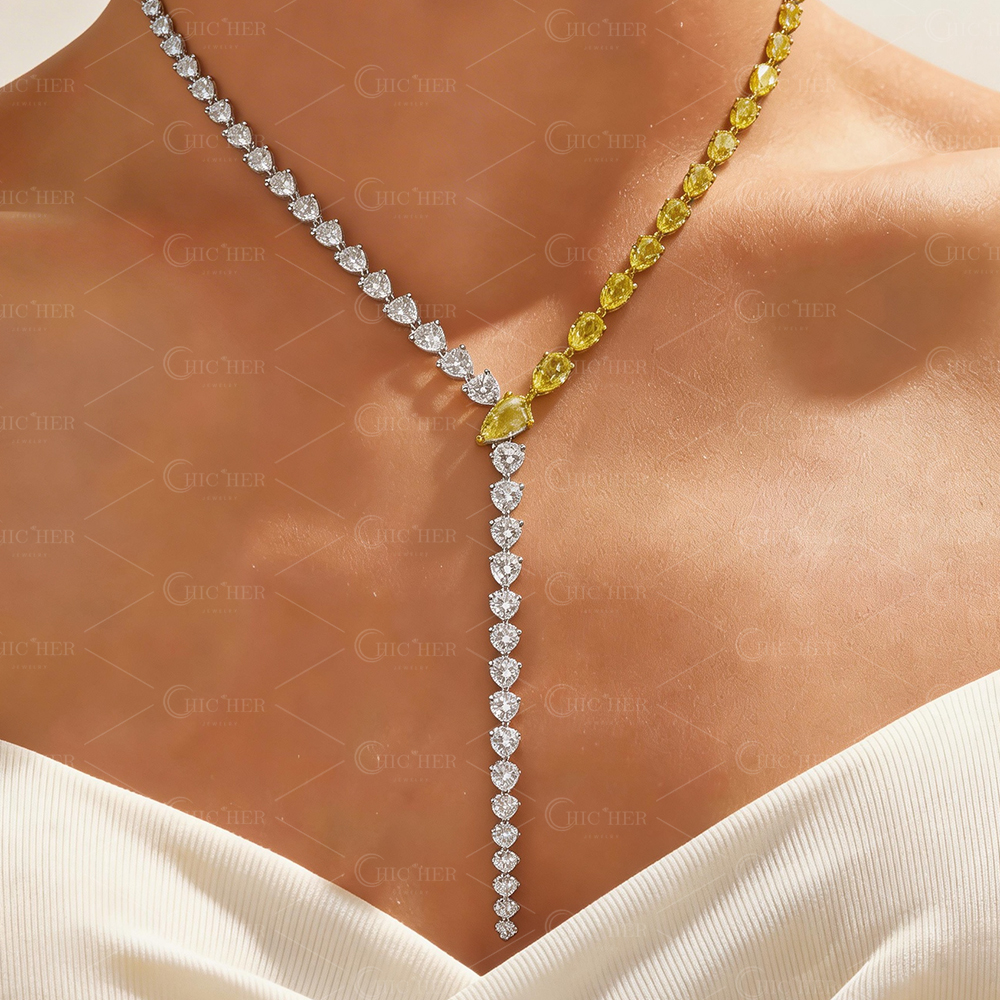 Two Tone Y-Necklace with Pear Cut Gemstones (5 Color Options)