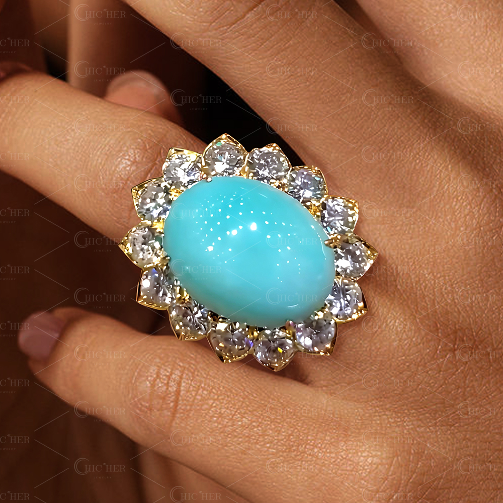 Oval Cabochon Turquoise & White Sapphire Halo Ring