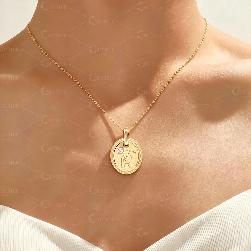 Engraved Oval Charm Necklace with 5 Unique Designs (Diamond Accent)