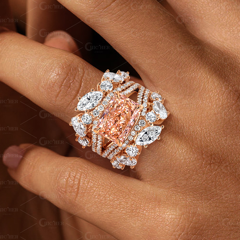 3ct Radiant Cut Peach Morganite Multi-Stone Bridal Ring Set (3-Piece Stacking Set)