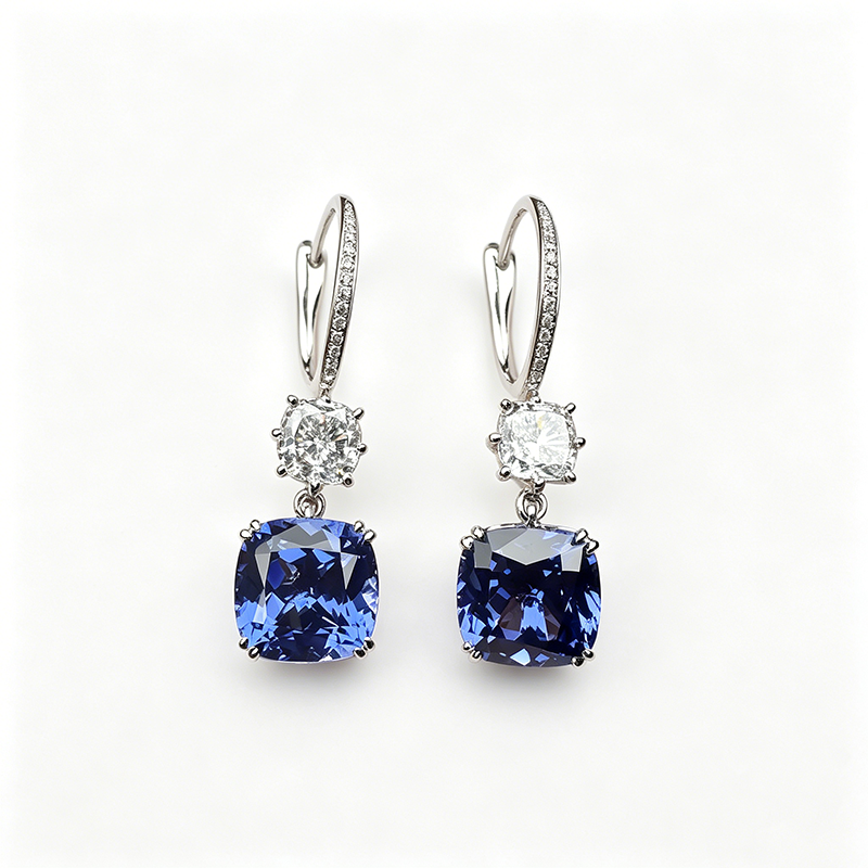 Cushion Cut Blue Sapphire Huggie Drop Earrings