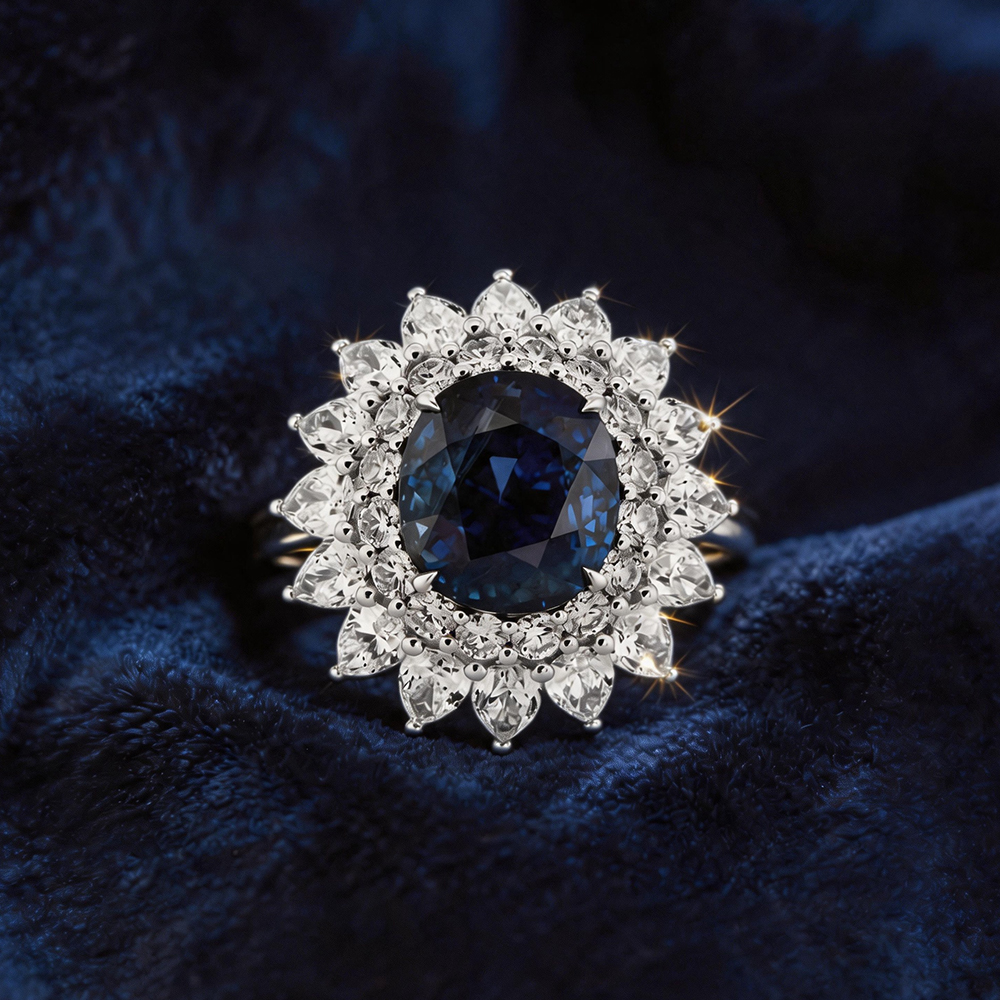 3ct Oval cut Blue Sapphire Double Halo Cocktail Ring