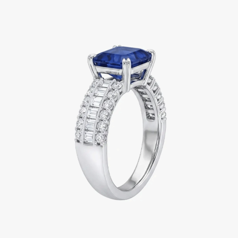 Original Design - 6ct Emerald Cut Blue Sapphire & White Moissanite Engagement Ring