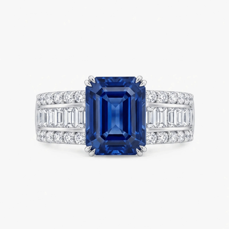 Original Design - 6ct Emerald Cut Blue Sapphire & White Moissanite Engagement Ring
