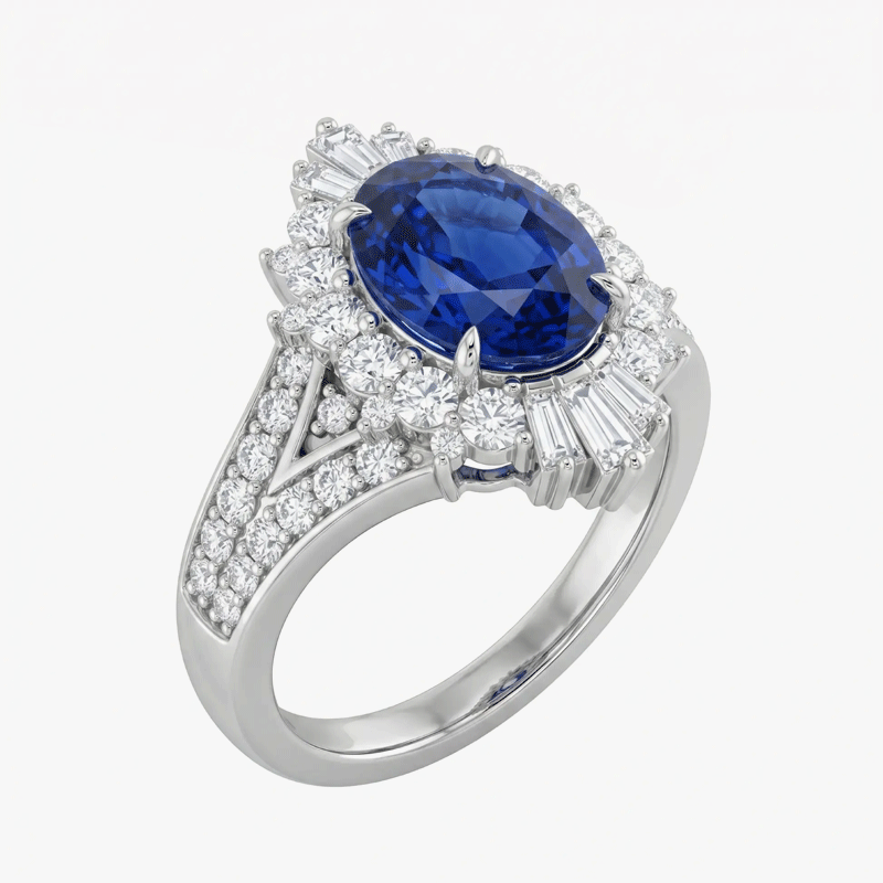 Original Design - 4ct Oval Cut Blue Sapphire & White Moissanite Engagement Ring