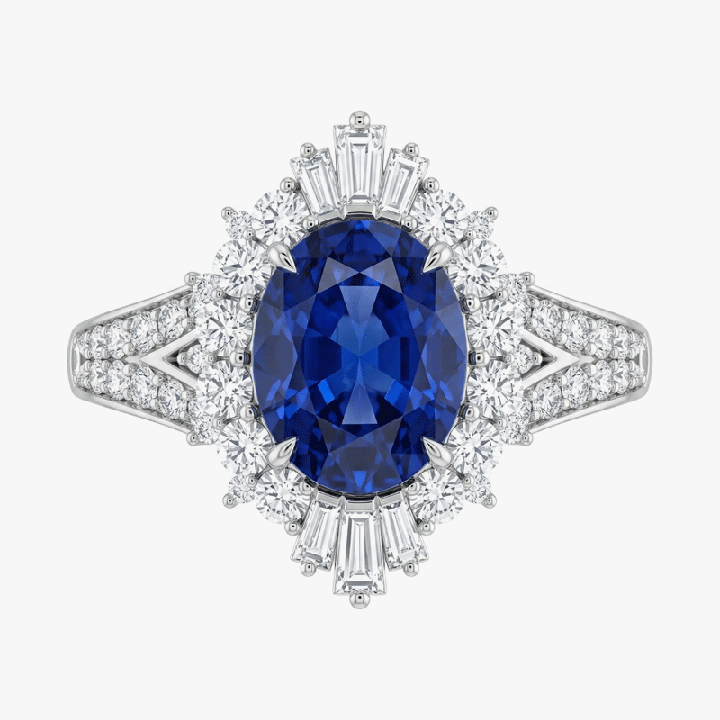 Original Design - 4ct Oval Cut Blue Sapphire & White Moissanite Engagement Ring