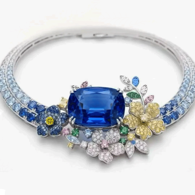 Original Design - Cushion Cut Blue Sapphire Flowers Necklace
