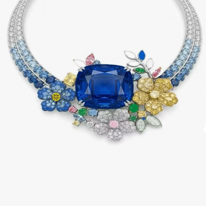 Original Design - Cushion Cut Blue Sapphire Flowers Necklace