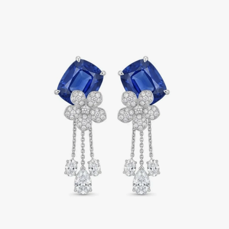 Original Design - 4.5ctw Cushion Cut  Blue Sapphire Dangle Earrings
