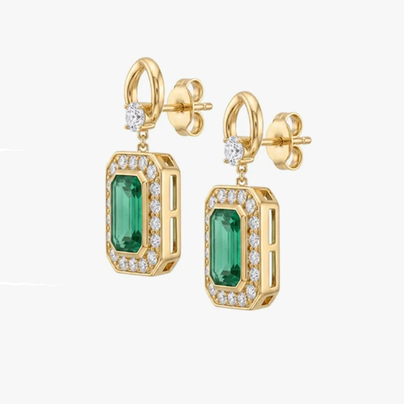 Original Design - Emerald Cut Emerald Sapphire Dangle Earrings