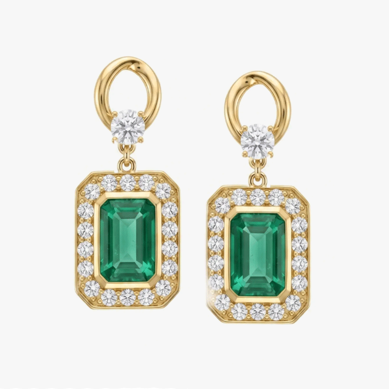 Original Design - Emerald Cut Emerald Sapphire Dangle Earrings